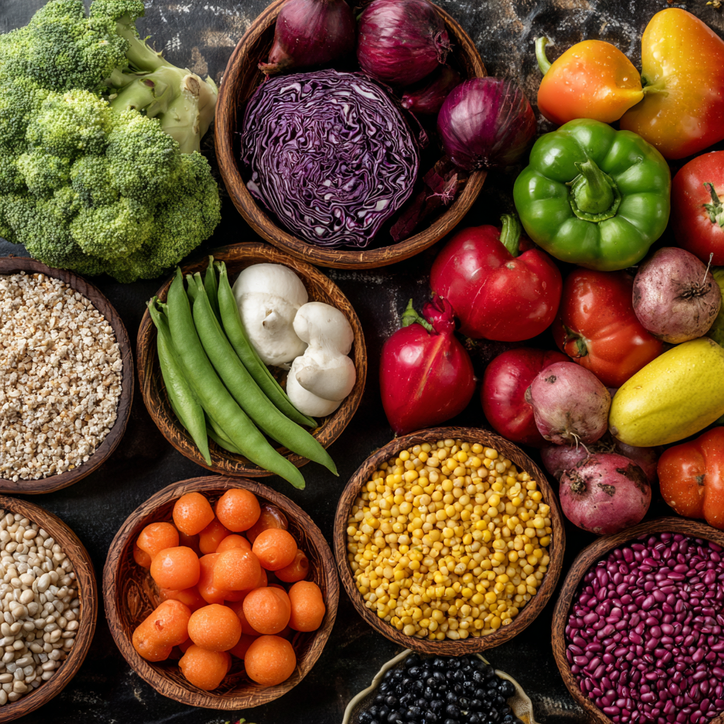 Colorful array of fresh vegetables and grains arranged for older adults meal planning