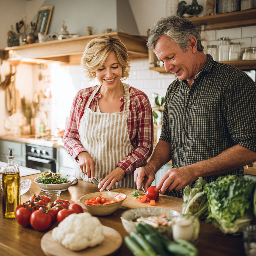 Middle-aged adults preparing nutritious meals together in a bright kitchen